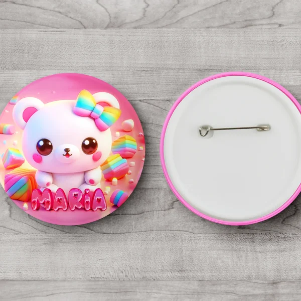 Chapa de osito con nombre personalizada con nombre, regalo ideal para invitados de cumpleaños de niños, temática divertida kawaii."