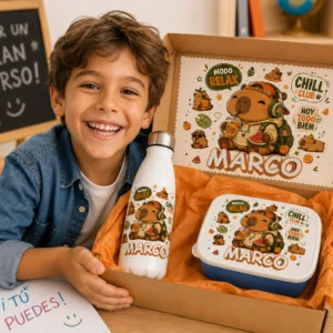 Niño con pack Capibara Chill Club personalizado, botella, tupper y caja decorativa