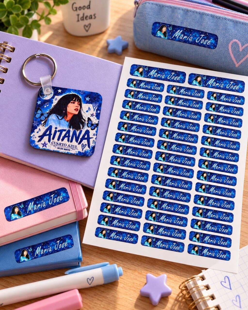 Hoja de stickers personalizados de Aitana con nombre para cuadernos y estuches