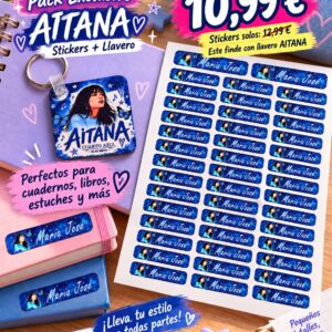 Stickers personalizados de Aitana con nombre y llavero de madera de regalo