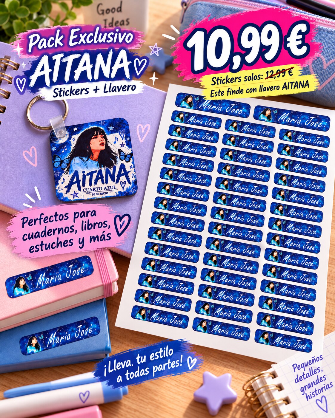 Stickers personalizados de Aitana con nombre y llavero de madera de regalo